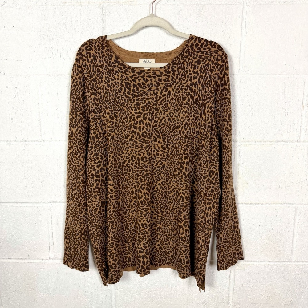 Style & Co Leopard Print Sweater Tunic Plus Size 3X Brown Soft Office Maximalist